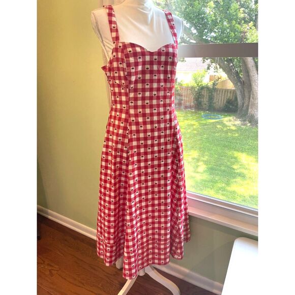 NWT Avec Les Filles Midi Dress Sz 8 Fit and Flare Red Gingham Cherries Sleeveles - Picture 1 of 16